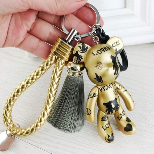 New Love Peace Movable Joints Bear Keychain Men Leather Tassel Key Chain On Bag Car Trinket Women Jewelry Party Gift