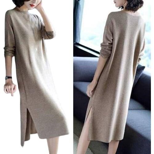 Autumn Winter Long Straight Dress Women Knit Maxi Dress O Neck Knit Ribbed Basic Midi Pullover Sweater Dresses
