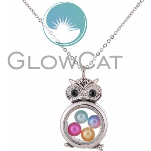 Lovely Cartoon Bird Owl Pendant Necklace Glass Locket Pearl Cage Pendant Steel Chain Necklace
