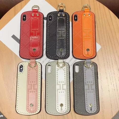 Luxury Fashion Rivet Finger Ring Phone Case for iPhone XS Max XR X 8 7 Plus Leather Cover with Wrist band Full Body Protective