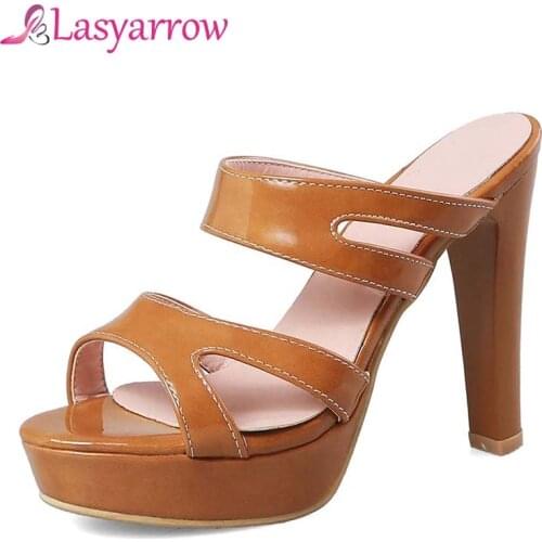 Lasyarrow Womens 12CM Open Toe Patent Leather Slingback Sandals Summer Elegant Thick High Heels Dress Shoes Big Size Platform