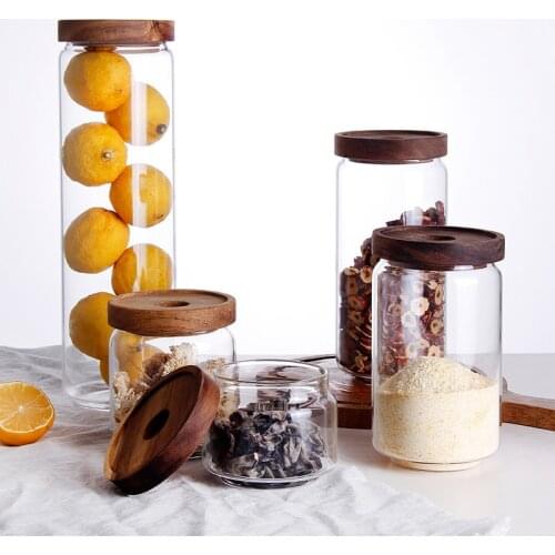 Wood Lid Kitchen Storage Jar Glass dried fruit snack storage tank transparent storage tank kitchen miscellaneous grain bottles