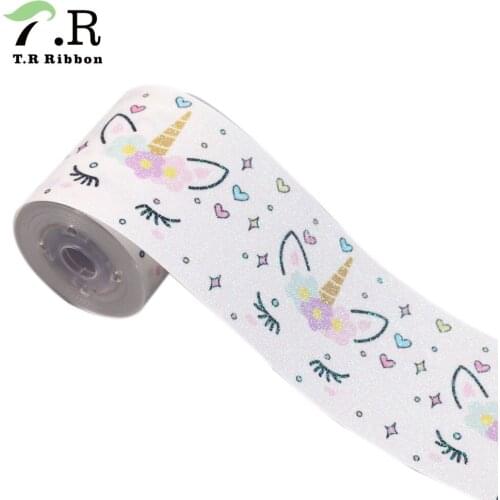 T.R RIBBON 3 inch iridescent glitter unicorn print grosgrain ribbon