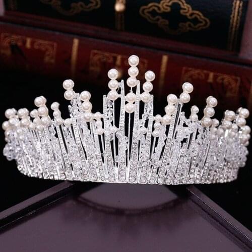 Vintage Luxury Silver Color Crystal Pearl Tiaras Retro Crown Wedding Hair Accessories Bridal Party Jewelry Big African Headbands