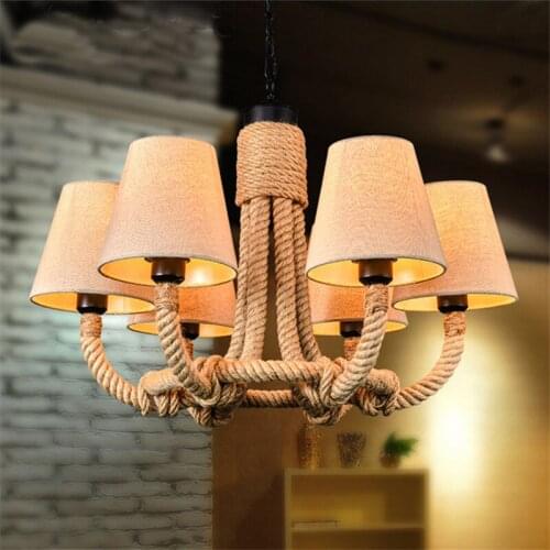 Vintage Linen Iron Pendant Lights personality 6head living room restaurant rope light led lobby bar LOFT rope Pendant Lamp GY201