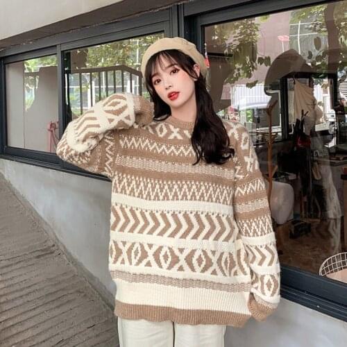 2020 Vintage Round Neck Knitted Vest Sweater Women Long Sleeve Pullover Elasticity Sweater Loose Casual Oversized Knitted Vest