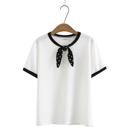 Plus size dot bow knitted women loose short sleeve tshirt 2021 summer casual black white ladies soft O neck t shirts female tops
