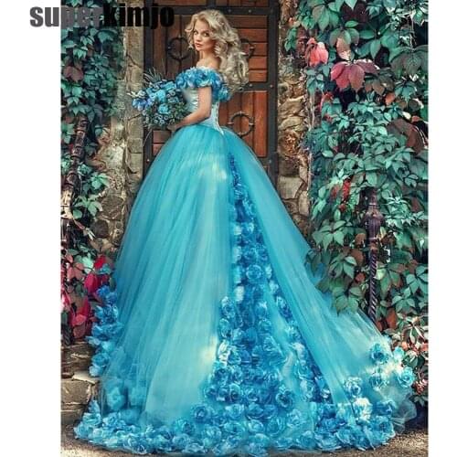 SuperKimJo Ball Gown Prom Dresses 2020 Off the Shoulder 3D Flowers Elegant Blue Prom Gown Vestidos De Graduacion Largos 2019