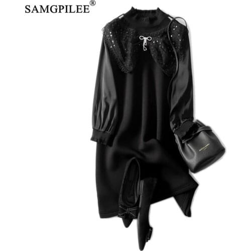 European Station 2021 Lace Round Collar Stitching A Shaped Long Sleeve Fashion Plus Size Dress For Women Autumn And Winter 4XL