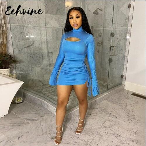 2020 Long Ruched Flare Sleeve Hollow Out Bandage Slit Sexy Mini Pleated Dress Autumn Spring Women Fashion Streetwear Outfits