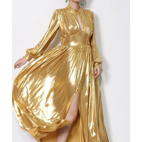 Free Shipping European Style Fashion Bronzing Dress Women Elegant High Waist Stand Collar Evening Party Dresses Prom Gown