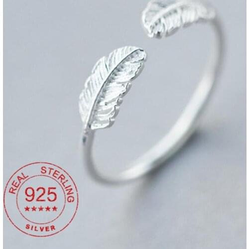 925 Sterling Silver Jewelry Fresh Sweet Branch Leaf Temperament Fashion Female Trendy Animal Feather Resizable Opening Rings