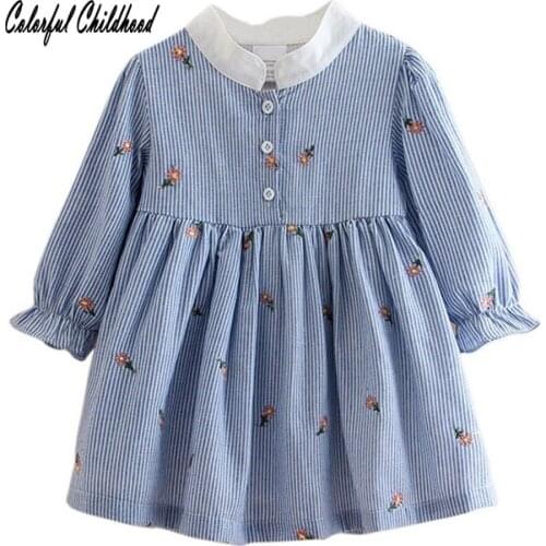 Embroidery Floral Striped Winter Dress For Girls Spring Fashion Design Flare Long Sleeve Fall Toddler Girl Dress robe Enfant