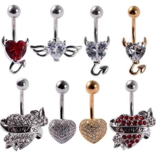 1PC Devil Horns Belly Button Ring Surgical Steel Gold&Silver color Heart Shape Belly Navel Ring 14g Body Piercing Jewelry