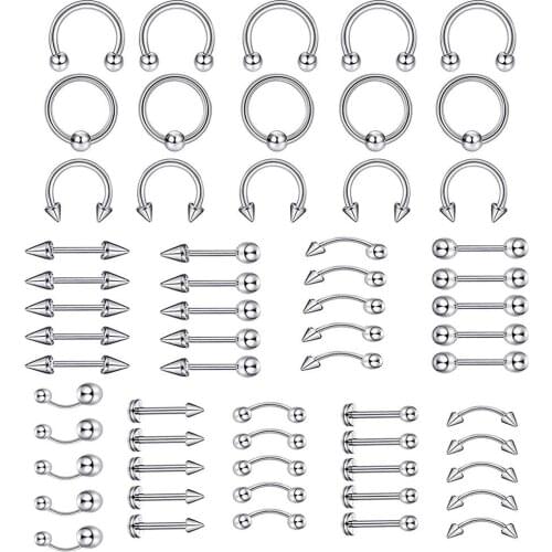 60Pcs Unisex Lip Stud Set Stainless Steel Lip Nail Eyebrow Stud Lip Piercing Ring Mixed Lip Piercing Set body pircing jewellery