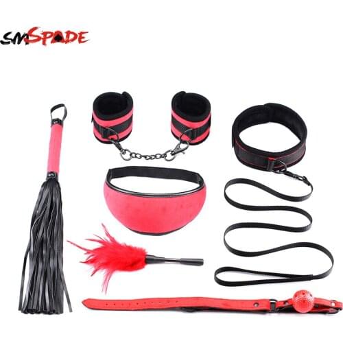 Smspade Bondage 6 PCS Set Sex Games bdsm Mask Gag Ball Spanking Pandle Feather Whip bdsm Collar Handcuffs For Sex Games Mask
