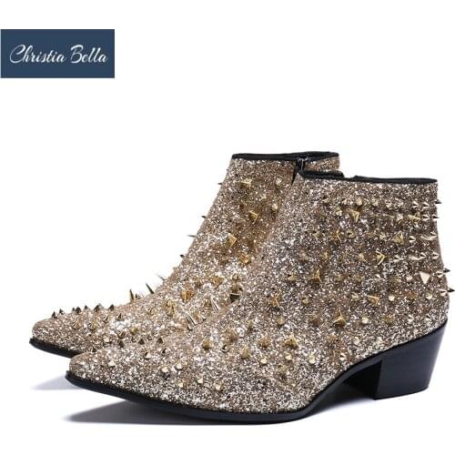 Christia Bella Full Rivets Men Shoes Genuine Leather Boots New Fashion Solid Pointed Toe Boots Big Size Zipper Short Boots