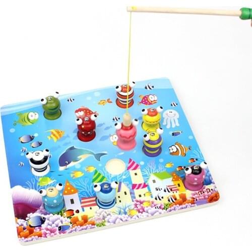 Wood Colorful Fishing Game Kids Wooden Toys Magnetic Games Fishing Toy Kids 3D Fish Baby Kids Educational Toys Gifts