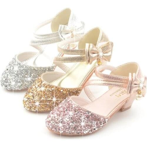 Princess Kids Leather Shoes For Girls Kids Sandals Butterfly Knot Casual Glitter Children High Heel Gir Shoe Golden Pink Silver