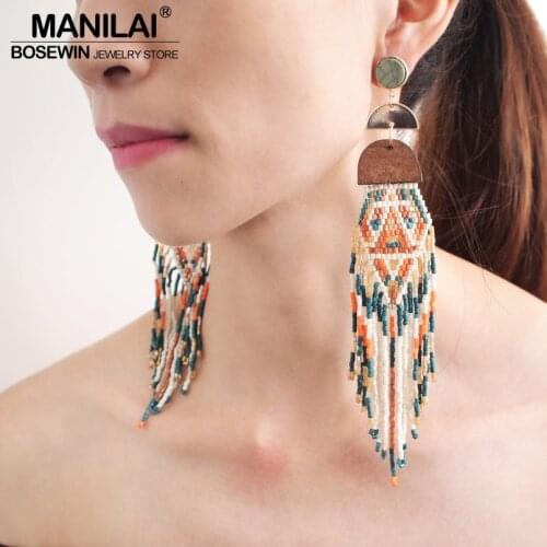 MANILAI Bohemian Handmade Beaded Long Tassel Earrings For Women Multicolor Beads Statement Dangle Earrings Ethnic Jewelry