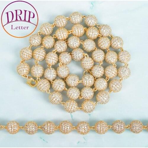 10mm Solid Round Bead Necklace Choker Gold Color Bling Full Cubic Zircon Hip Hop Link Mens Rock Street Jewelry