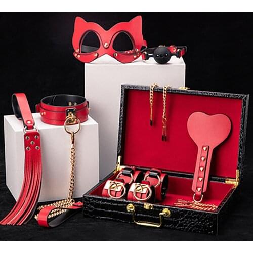 BDSM Kits Genuine Leather Bondage Set Fetish Handcuffs Collar Gag Whip Gift Erotic Adult 18 Sex Toys for Women Couples Games