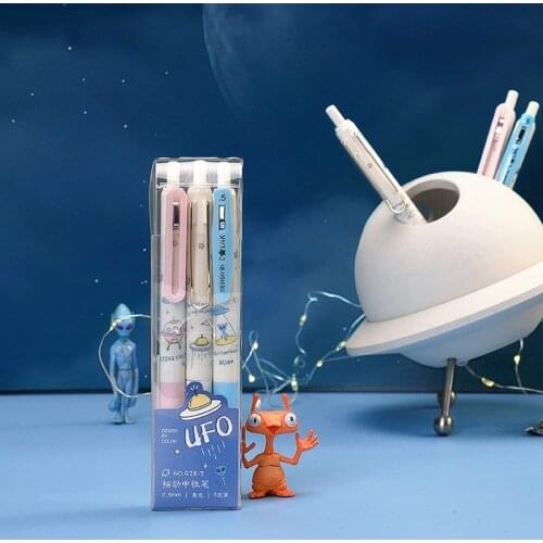 3pcs UFO Gel Pen Set Mysterious Alien Design Non-slip Sheath Press Penholder Clip 0.5mm Ballpoint Black Color Ink School A6379