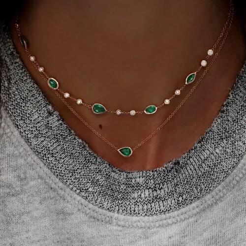 Boho Fashion Green Water Drop Stone Pendant Necklaces For Women Vintage Gold Necklace New Multilayer Female Jewelry Wedding Gift