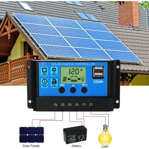 30A/60A Solar Panel Battery Charge Regulator 12V/24V Auto Big LCD Solar Panel Controller with 5V Dual USB Output Car Sty