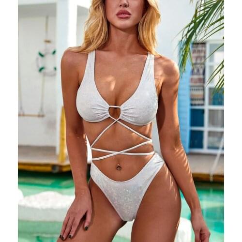 Silver Push Up Bikinis High Waist Swimsuits High Cut Swimwear Women Cross String Biquini 2020 Shiny Bikini Set Bathing Suits