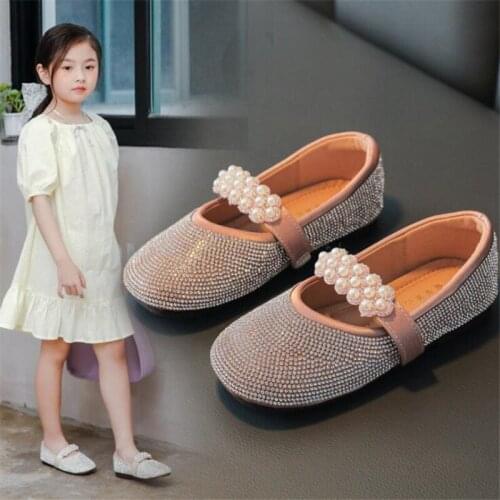 Girls Genuine Leather Rhinestone Princess Shoes Solid Color Sweet Children Wedding Shoe Loafes