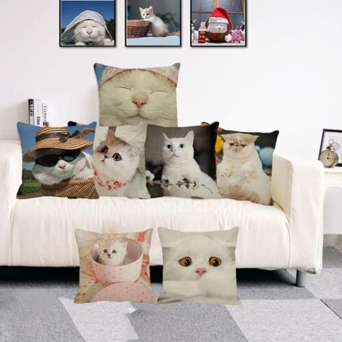 XUNYU Cute Pet Little White Cat Cushion Cover Throw Pillow Case Linen Cushion Case Sofa Bed Decorative Pillowcase 45x45cm C0017