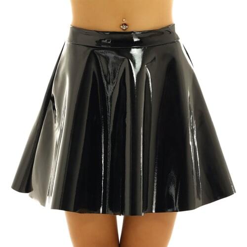 Women Ladies Wet Look PU Leather High Waist Back Zipper Closure Casual Fashion Flared Pleated A-Line Circle Mini Skater Skirt