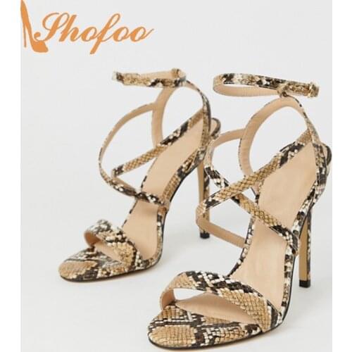 Snake Prints Women Sandals Stilettos High Heels Open Toe Ankle Cross Strap Large Size 14 16 Ladies Fashion 2021 New Shoes Shofoo