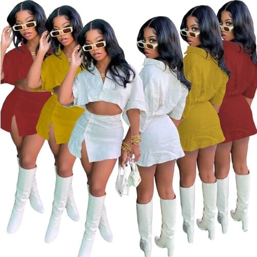 2021Women Summer 2pcs Shirt Dress Set Short Sleeve Deep V Neck Button Crop Blouse And Mini Skirts Casual Solid Nightclub Bodycon