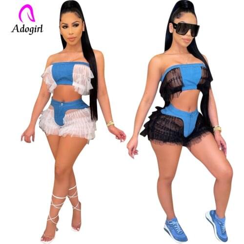 Off Shoulder Women 2 Piece Set Lace Stitching Crop Top + High Waist Denim Shorts Sexy Club Party Outfit Fitness Femme Activewear
