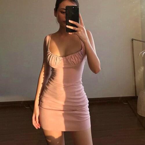 Womens Sexy Sling Solid Color Nightclub Dress Summer Fashion Pleated Tight Skirt Comfortable Breathable Skin Friendly