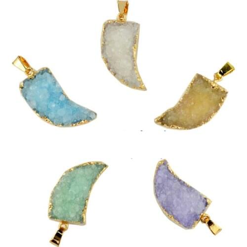 1 PC Women Elegant Jewelry Cute moon Horn Crystal gold Necklace Druzy Pendant Necklace Sparkly Jewelry Wedding Gift 15*26mm