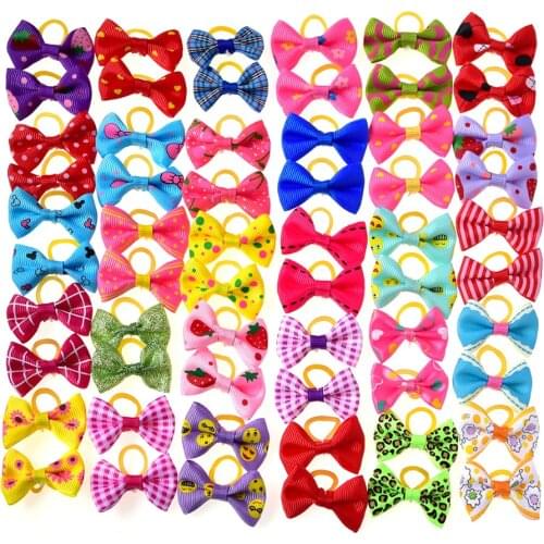 100 Pcs Pet Dog Hair Bows Rubber Bands Mix Pattern Bowknot Puppy Dog Cat Hair Accessories Handmade Cute Pet Grooming Accessories