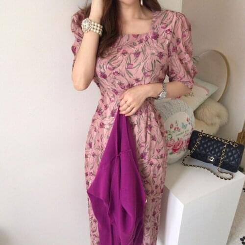One-Piece Korean Fashion Square Neck Floral Chiffon Dress Midi Dress 2021 Summer WomenS Dresses Party Dress Casual Dress Female
