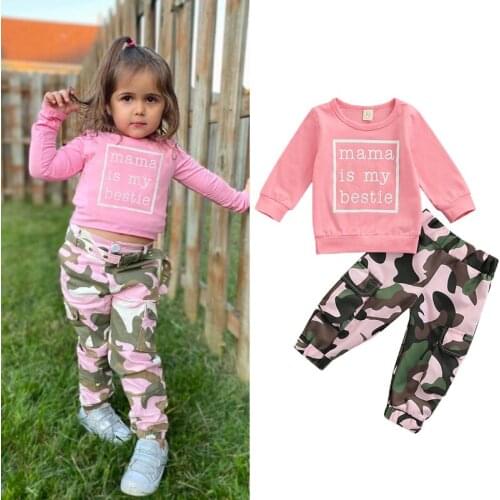 FOCUSNORM 0-3Y Autumn Baby Girls Lovely Clothes Sets 2pcs Letter Printed Long Sleeve Sweatshirt Tops Camouflage Pants