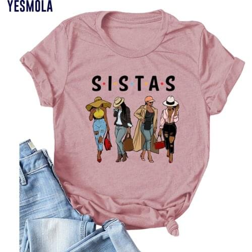YESMOLA Woman T-shirts Sistas Letter Print Harajuku Summer Tshirts Casual Round Neck Short Sleeve Top Loose Fashion Tee Shirt