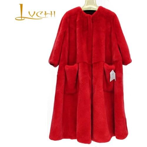 LVCHI Winter 2019 Import Swan Velvet Real Mink Fur Coat Womens Red O-Neck Coat Full Pelt Causal Pockets X-Long Slim Mink Coats