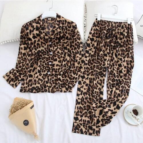 10colors Women Lounge Set Silk Top Pants Leopard Full Sleeve Breathable Pajamas Suit for Female Pyjamas Sleepwear Nightwear