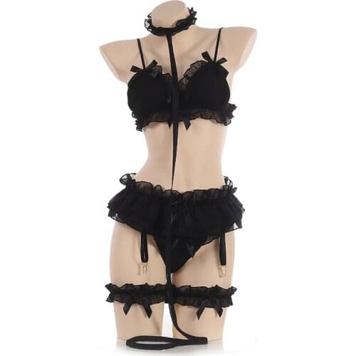 Women Sexy Lingerie Costume Set Japanese Chiffon Cosplay Lace Leg Ring Garter Babydoll Underwear Erotic Costume 6 Piece Set