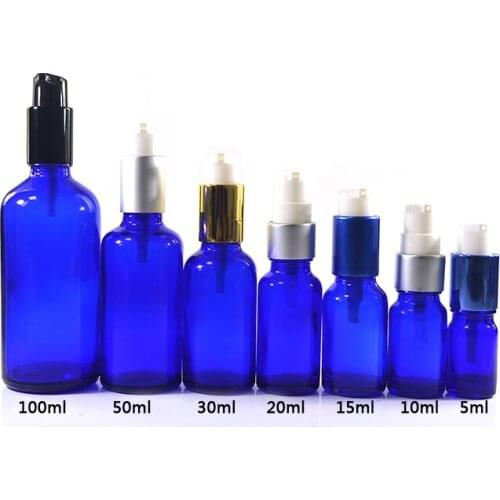 Small Blue Glass Bottle Cork Stoppers Essential OIil Black 30ml 1 oz Round Airless Pump Bottle Glass Perfume Bottles with Spray