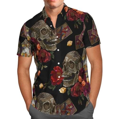 Skull Print Short Sleeve Shirts For Men Loose Cardigan Button Shirt Plus Size Hawaiian Style Summer 2021 Ventilated Shirt-902