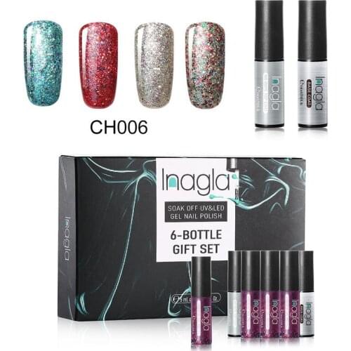 Inagla 6pcs/Set Nail Gel Polish Gift Box Set Shiny Glitter Star Gel Varnish Nail Base Coat Top Coat Kits Nail Art Manicure Sets