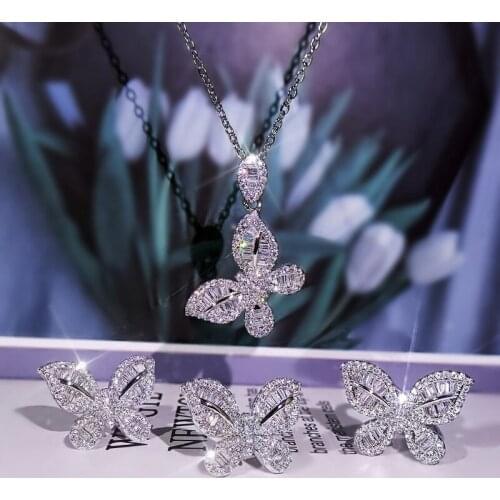 Cute Female Engagement Party Jewelry Sets White Zircon Butterfly Ring Earrings Necklace Sets For Women Luxury Bridal Wedding Set