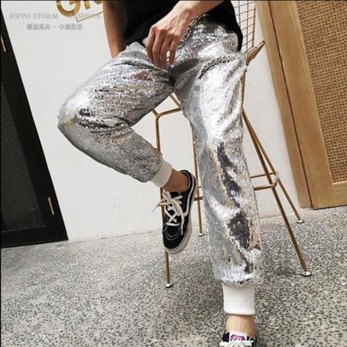 2020 New Men clothing singer Fashion DJ GD Show sequins trousers slacks elastic pencil pants hairstylist stage costumes S-3XL
